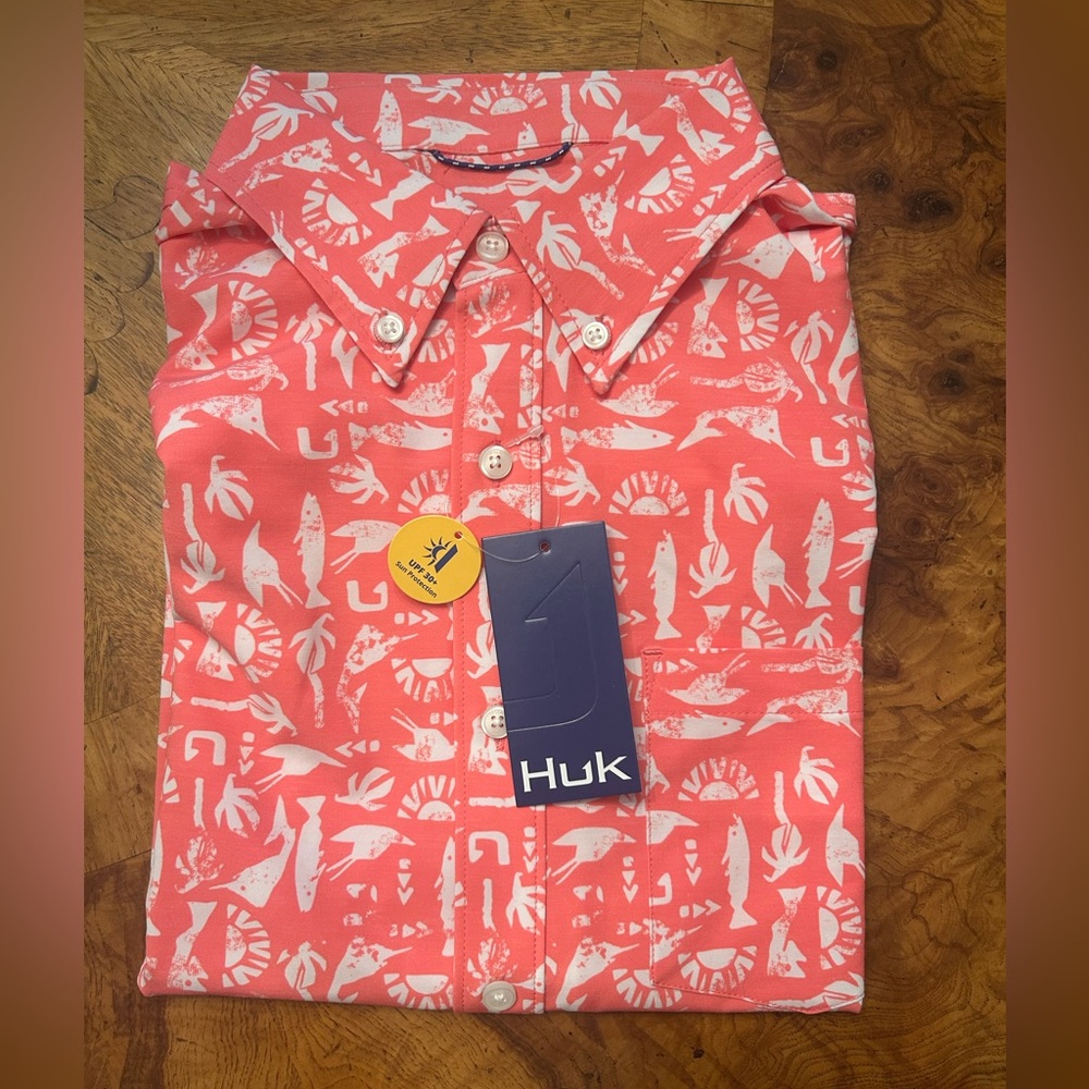 Huk Pink and White Casual Button Down Shirt with Playful Patterns